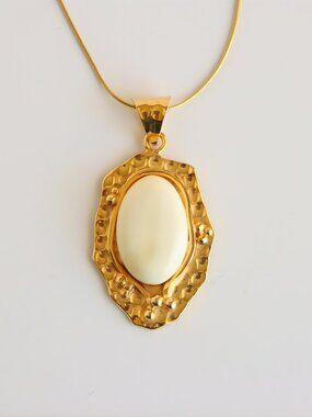 White Baltic Amber Necklace Gold Plated Silver Oval Pendant